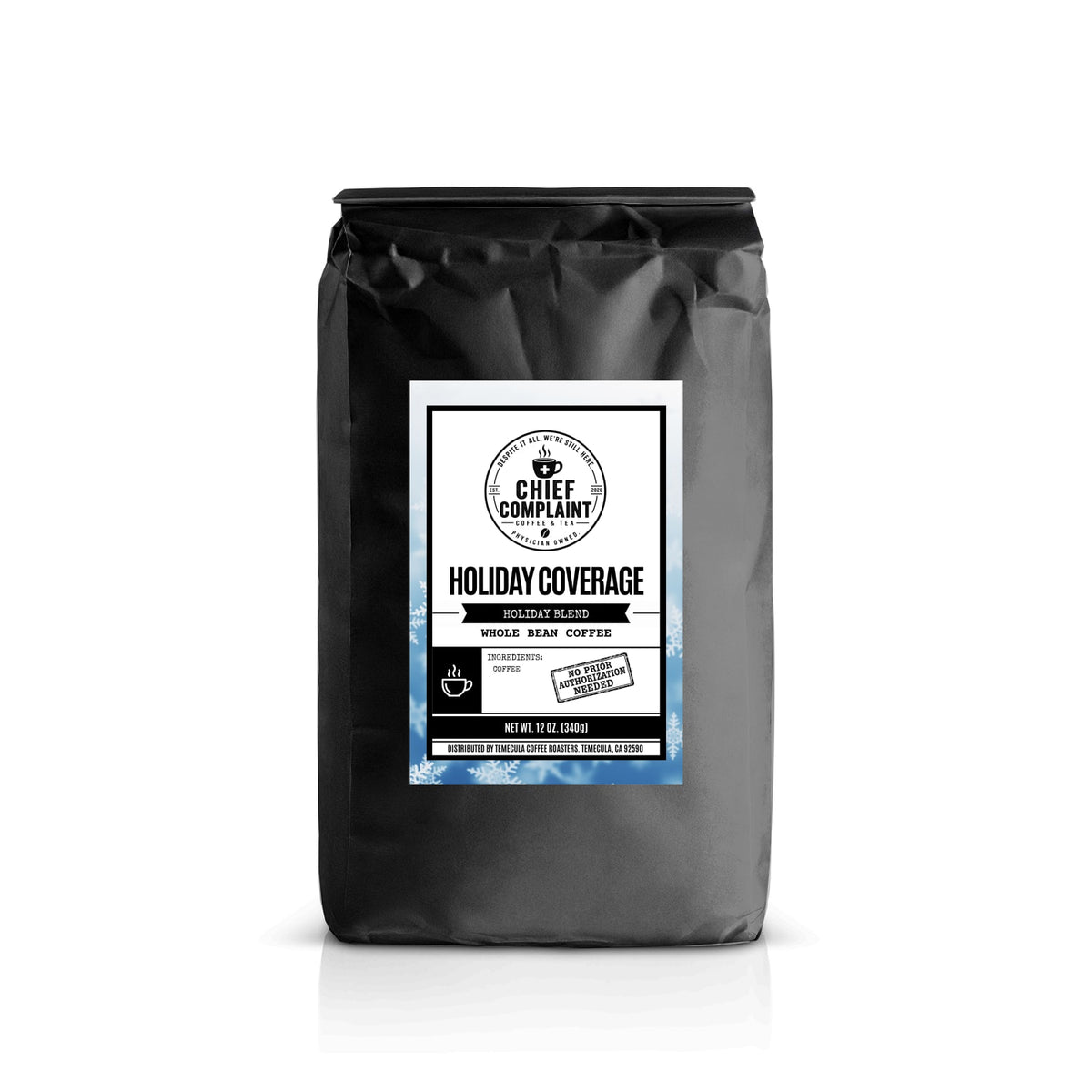 HOLIDAY COVERAGE, holiday blend medium roast coffee, whole bean 12 oz bag, physician owned