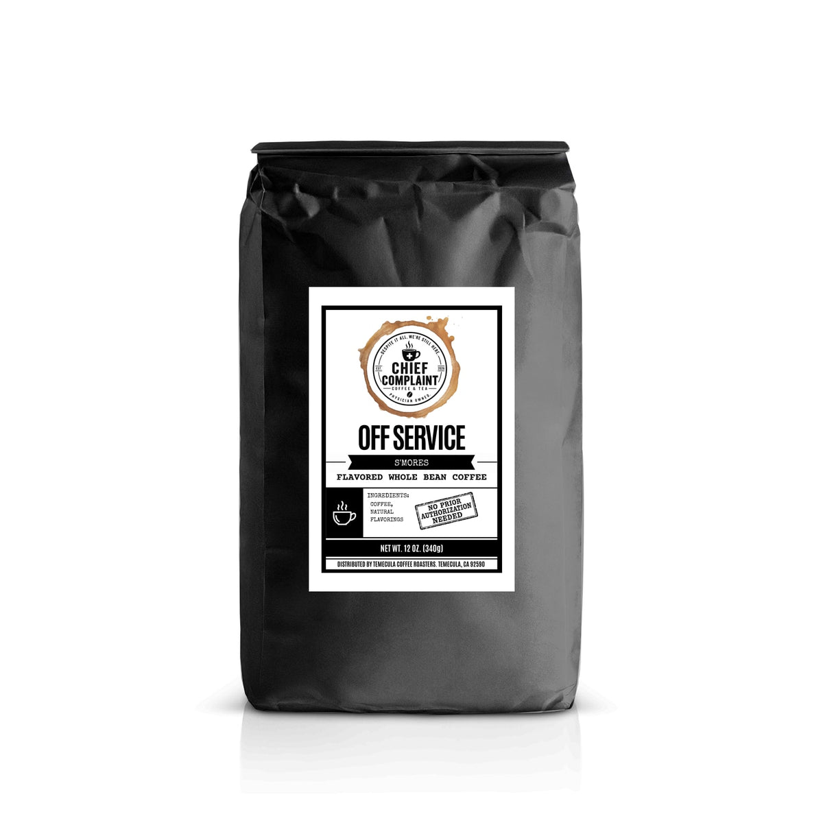OFF SERVICE, s'mores flavored coffee, whole bean 12 oz bag, physician owned