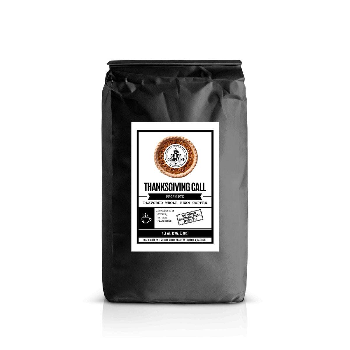 THANKSGIVING CALL, pecan pie flavored coffee, whole bean 12 oz bag, physician owned
