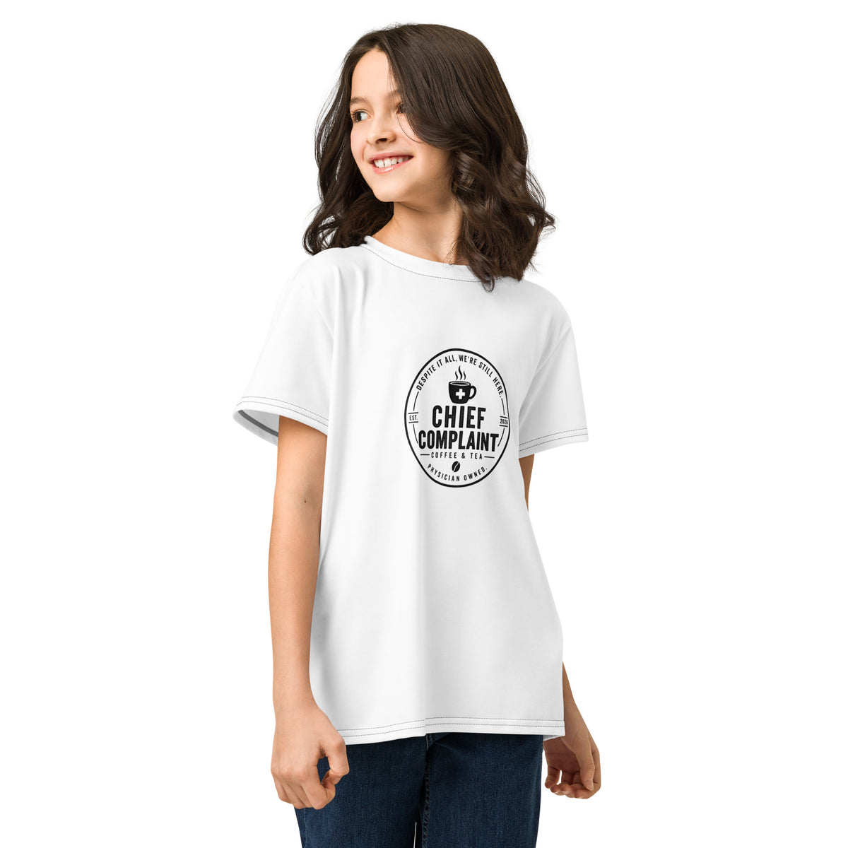 The Resident Youth Tee in white, all over print youth t-shirt, right front angle, physician owned