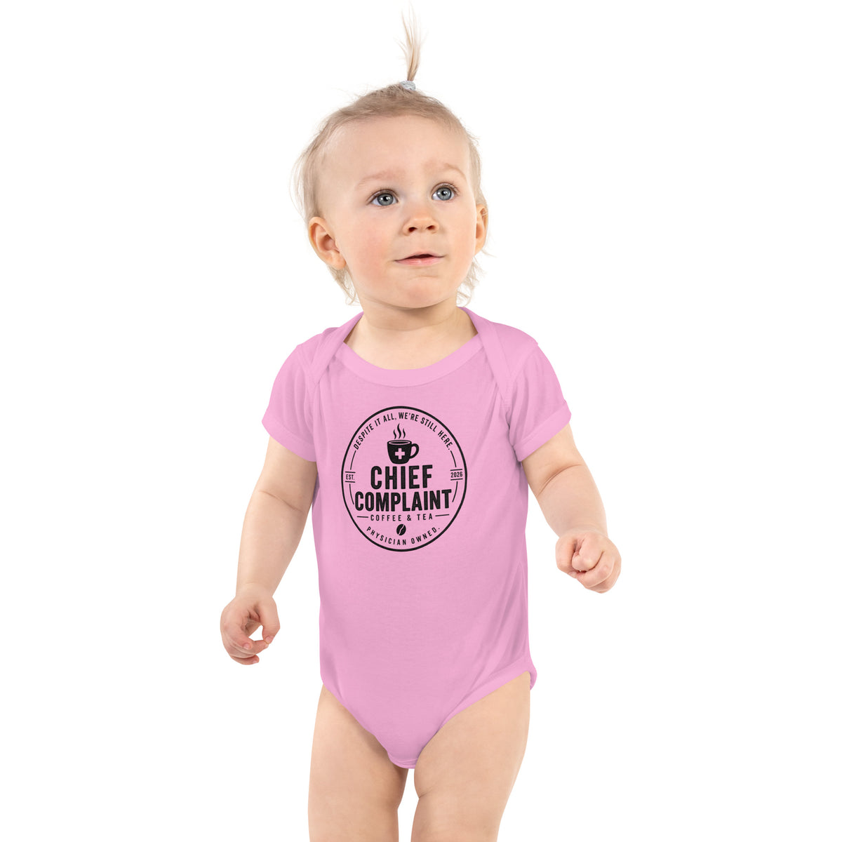 The Intern Bodysuit in pink, baby bodysuit for a doctor's family, front view, physician owned