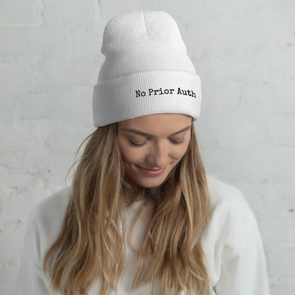 The Call Room Beanie in white, cuffed knit beanie for night shifts, front view, physician owned