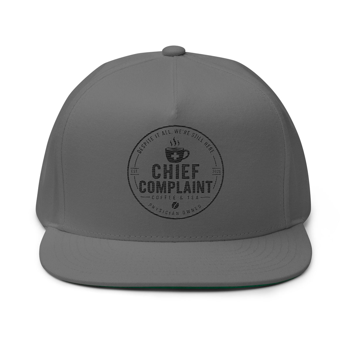 The Full Scope Flat Bill Cap in grey, flat bill snapback for nurses and PAs, front view, physician owned