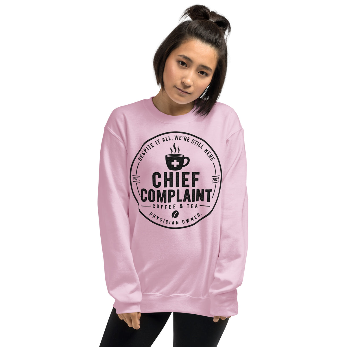 The Sign Out Sweatshirt in light pink, crew neck sweatshirt for nurses and physicians, front view, physician owned