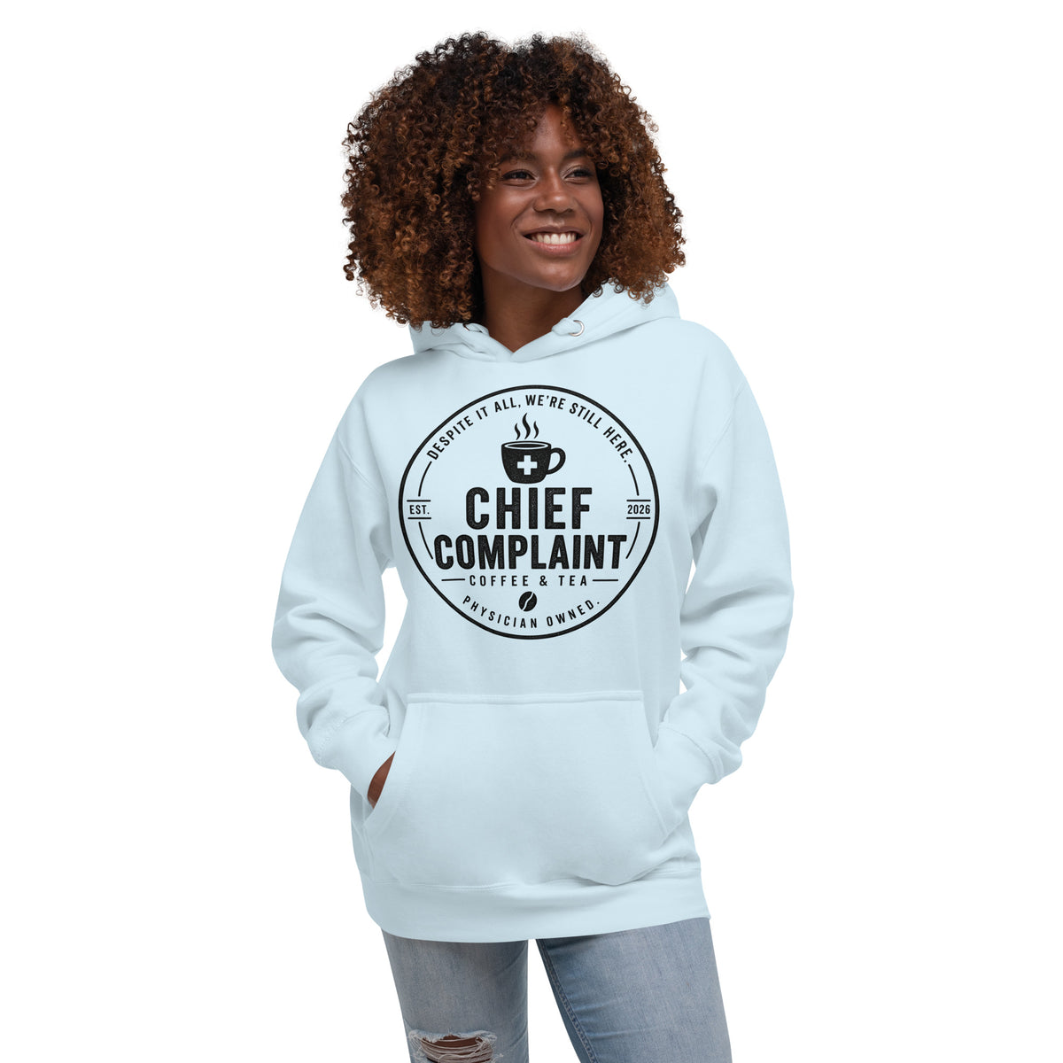 The Post Call Hoodie in sky blue, premium pullover hoodie for healthcare workers, front view, physician owned