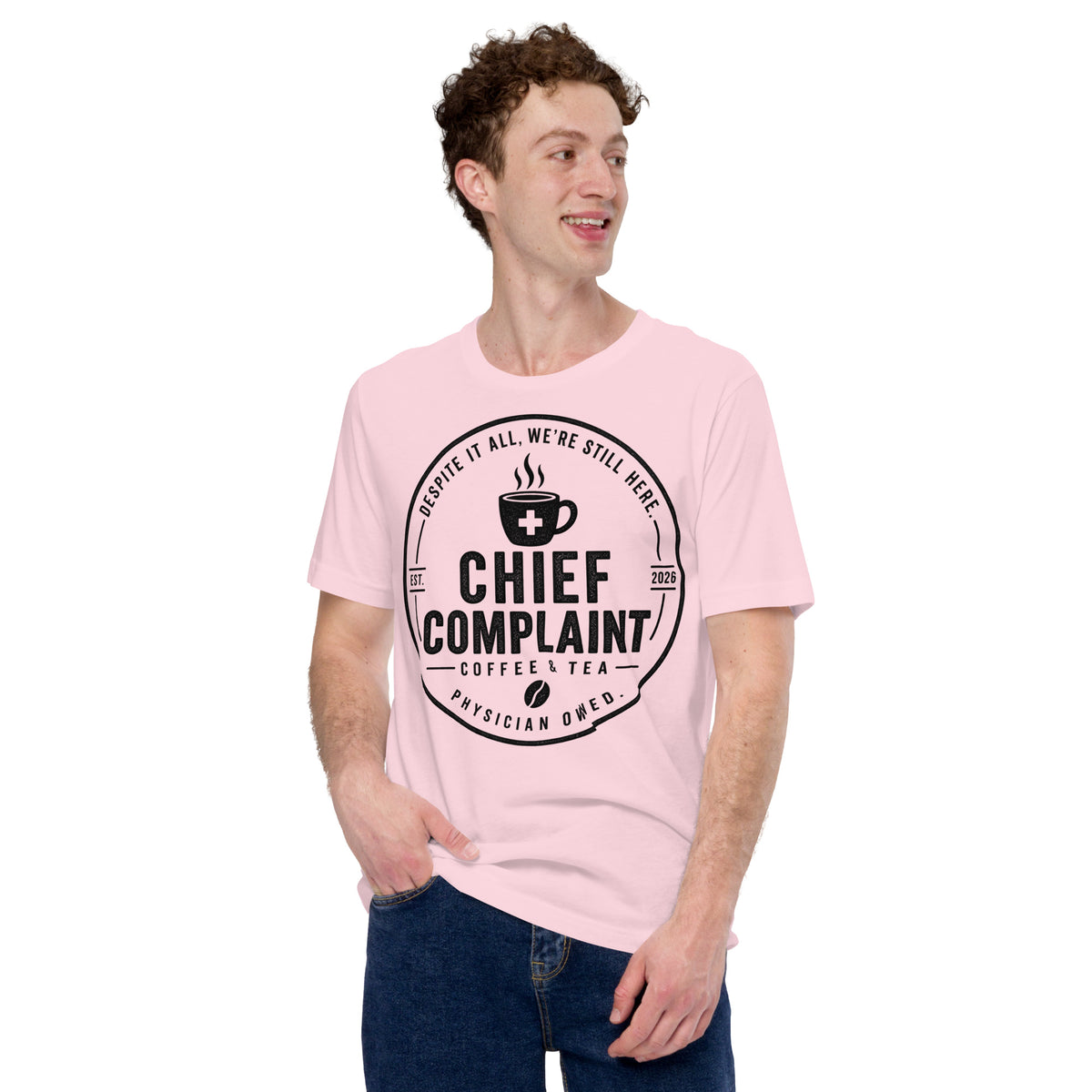 The Standard Issue Tee in soft pink, unisex physician and nurse t-shirt, front view, physician owned