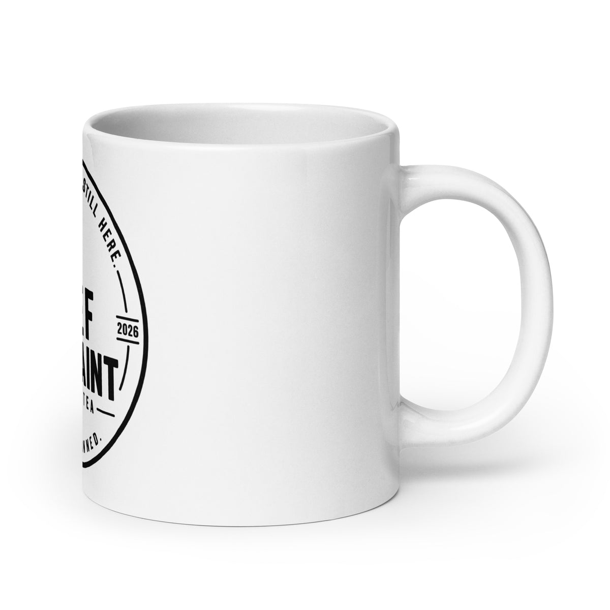 The Long Game Mug, white glossy 20 oz coffee mug, handle on right, physician owned