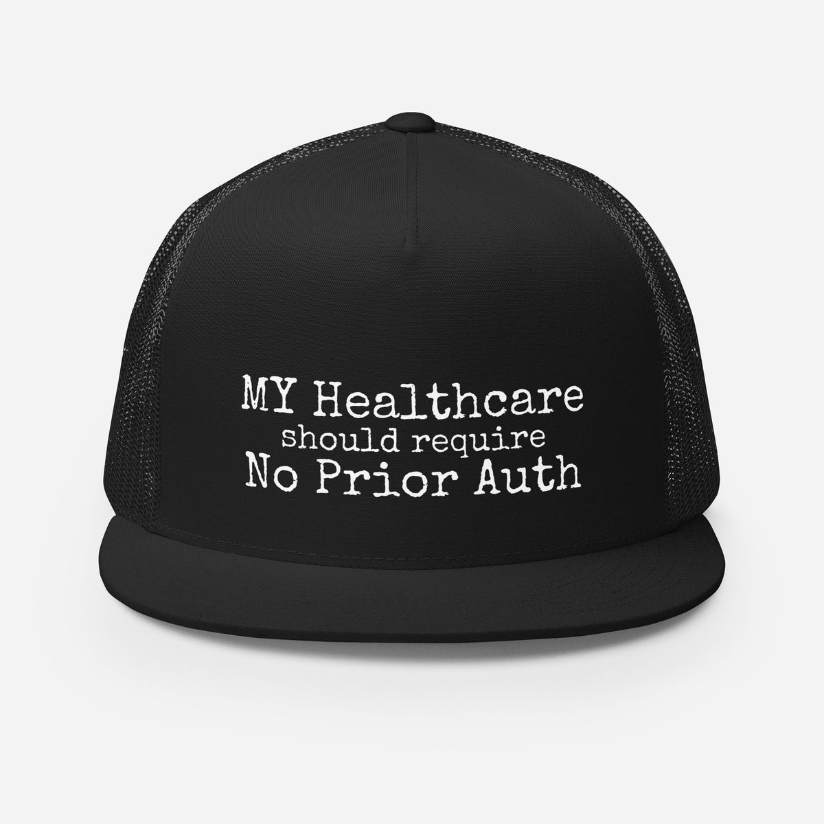 THE OVERHEAD PAGE Trucker Cap in black, snapback trucker hat with white embroidery, front view, physician owned