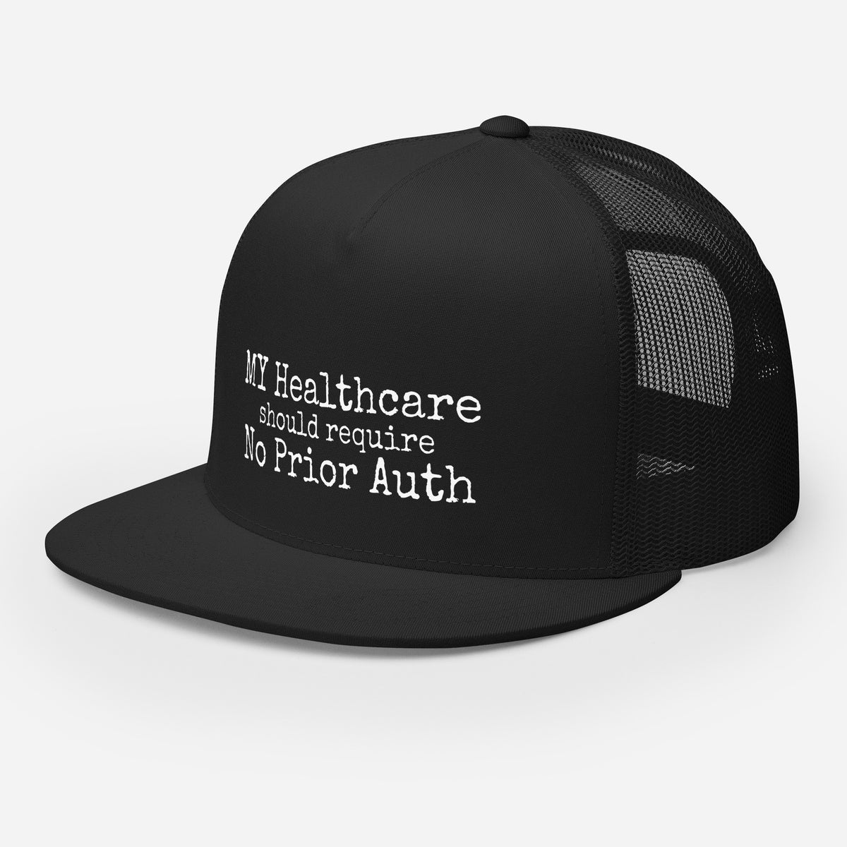 THE OVERHEAD PAGE Trucker Cap in black, trucker hat for nurses and physicians, left front angle, physician owned