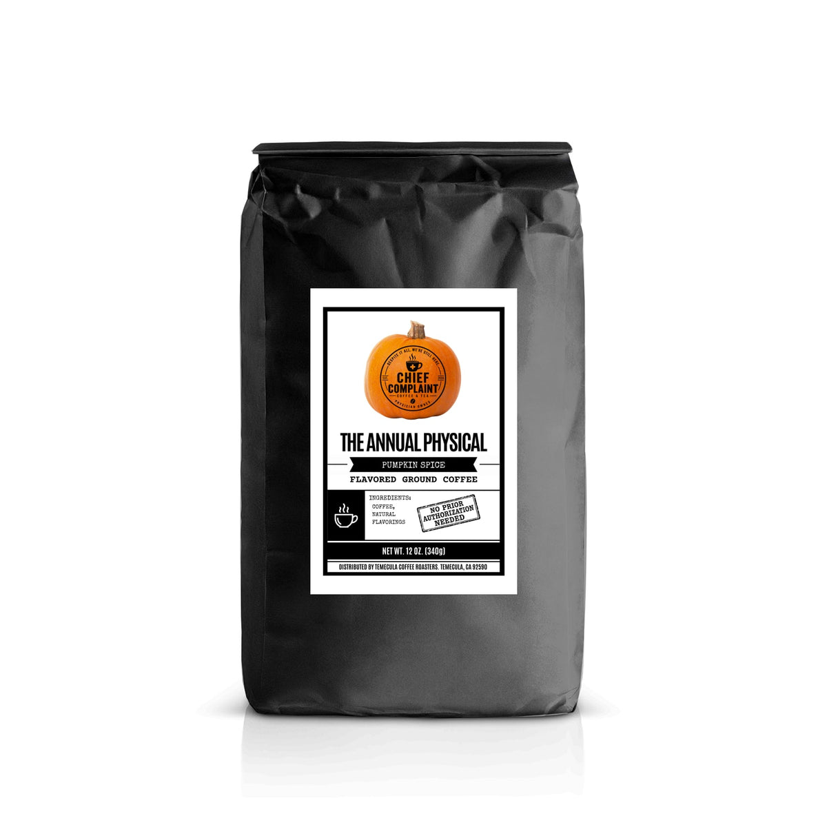 THE ANNUAL PHYSICAL, pumpkin spice flavored coffee, standard ground 12 oz bag, physician owned