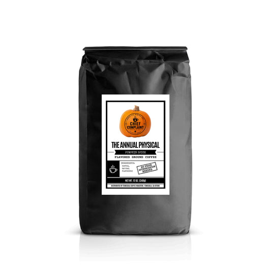 THE ANNUAL PHYSICAL, pumpkin spice flavored coffee, standard ground 12 oz bag, physician owned