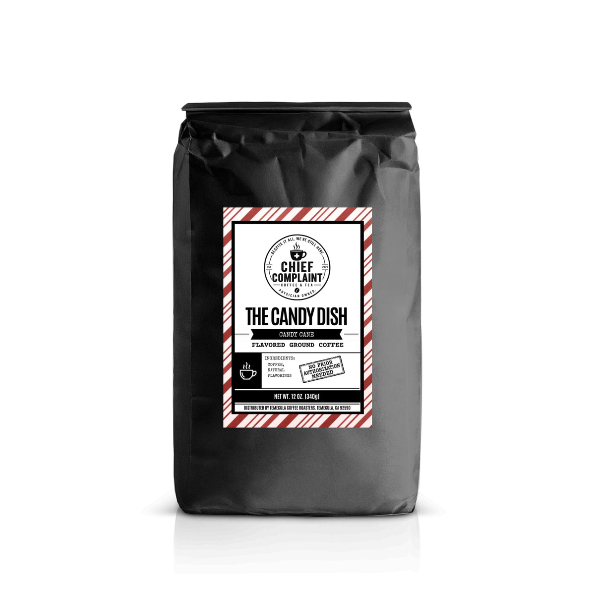 THE CANDY DISH, peppermint flavored coffee, standard ground 12 oz bag, physician owned