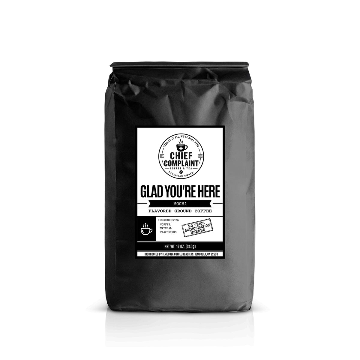 GLAD YOU'RE HERE mocha flavored coffee, 12 oz standard grind, physician owned