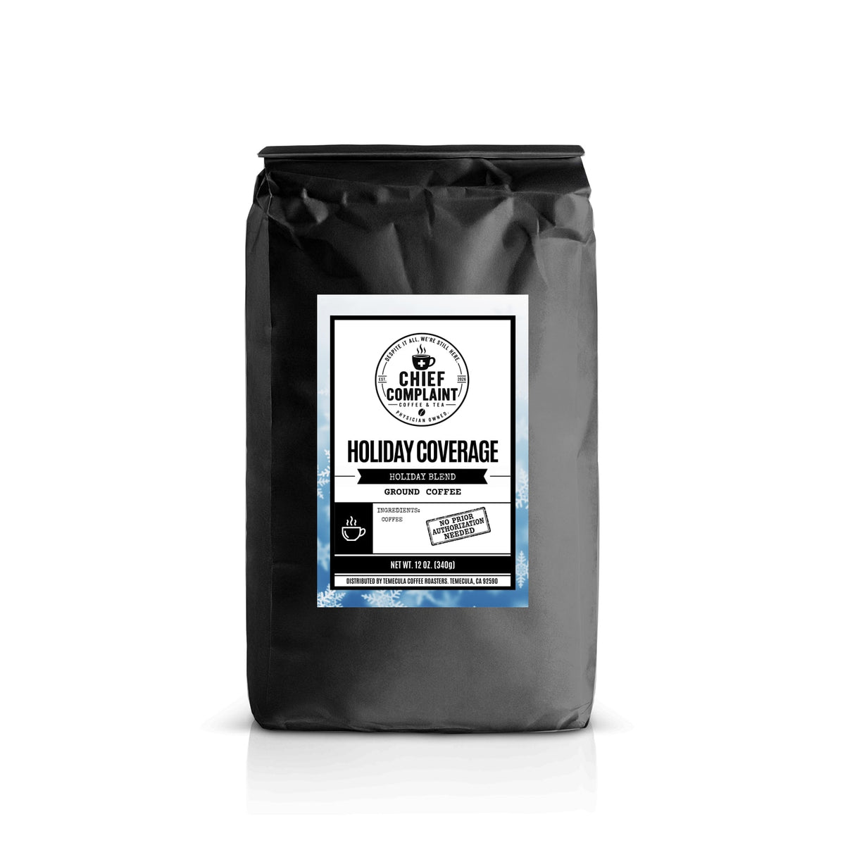 HOLIDAY COVERAGE, holiday blend medium roast coffee, standard ground 12 oz bag, physician owned