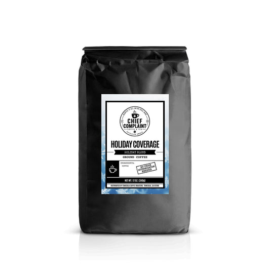 HOLIDAY COVERAGE, holiday blend medium roast coffee, standard ground 12 oz bag, physician owned