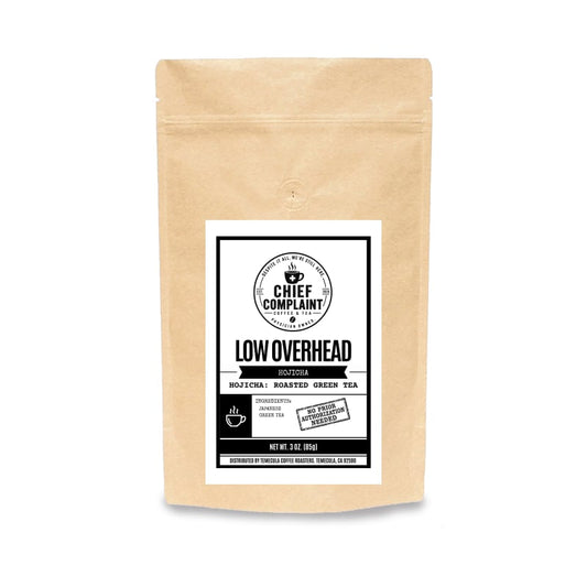 LOW OVERHEAD, hojicha roasted green tea powder, tea pouch, physician owned