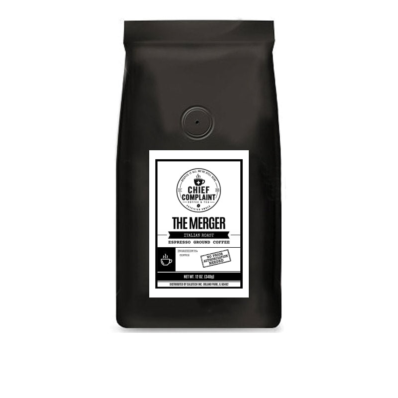 THE MERGER, Italian roast espresso coffee, espresso grind 12 oz bag, physician owned