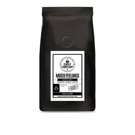 MIXED FEELINGS, dark roast coffee blend, espresso grind 12 oz bag, physician owned