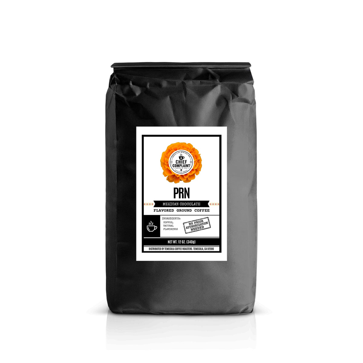PRN, Mexican chocolate flavored coffee, standard ground 12 oz bag, physician owned