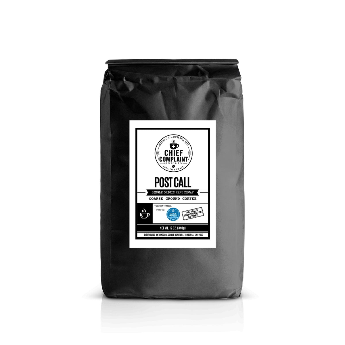 POST CALL Swiss Water decaf Peru, 12 oz coarse ground, physician owned