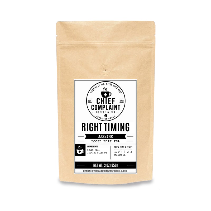 RIGHT TIMING, jasmine green tea, 3 oz loose leaf tea pouch, physician owned