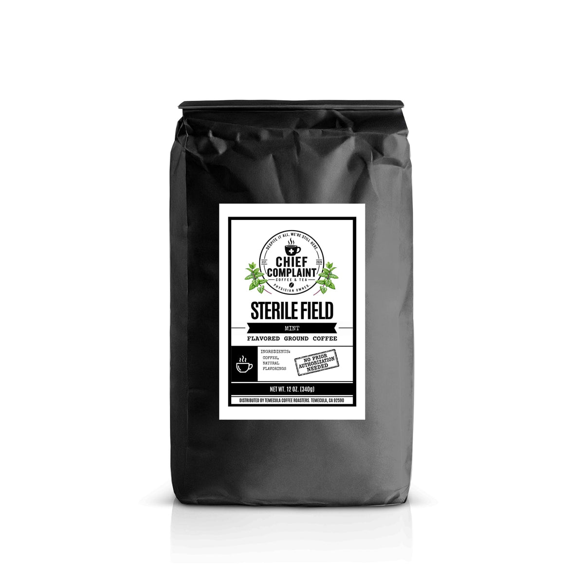STERILE FIELD, mint flavored coffee, standard ground 12 oz bag, physician owned