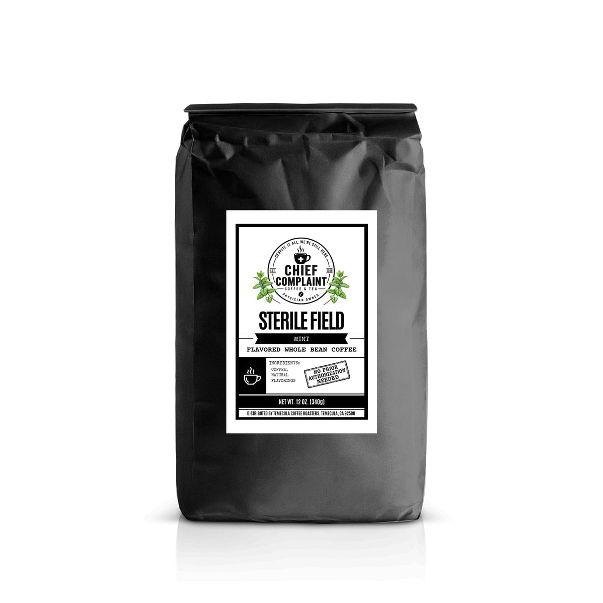STERILE FIELD, mint flavored coffee, whole bean 12 oz bag, physician owned