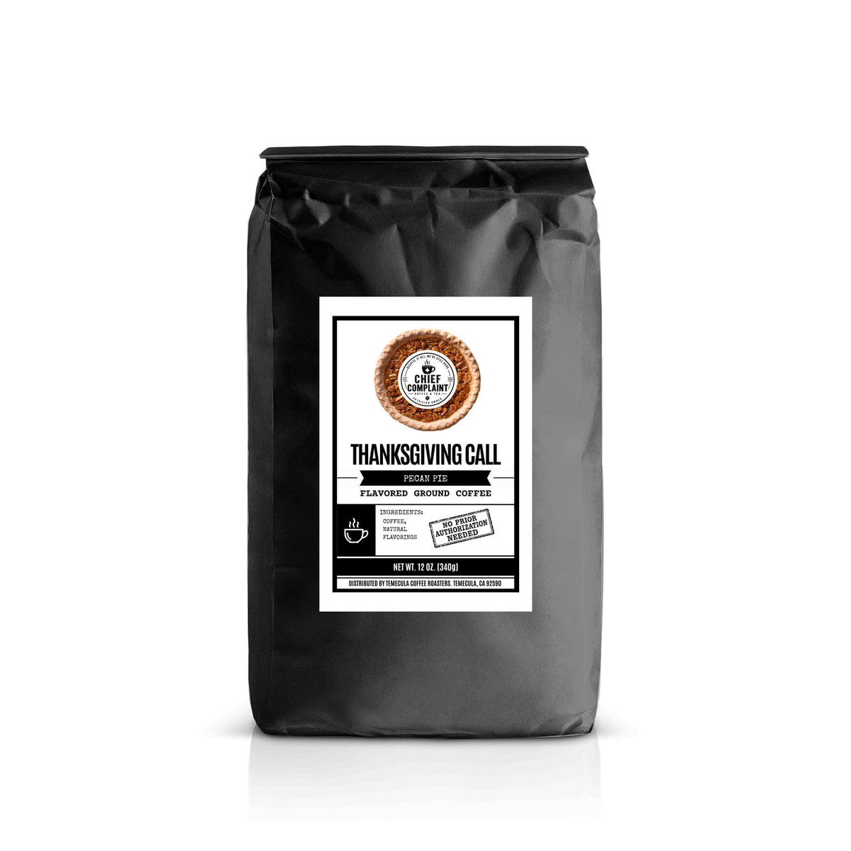 THANKSGIVING CALL, pecan pie flavored coffee, standard ground 12 oz bag, physician owned