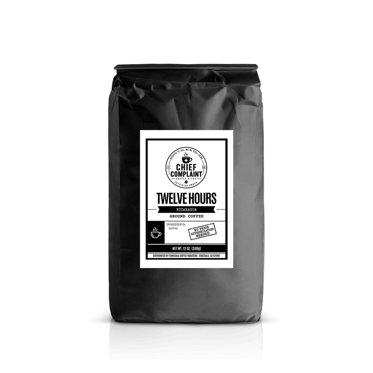 TWELVE HOURS, single origin Nicaragua coffee, standard ground 12 oz bag, physician owned