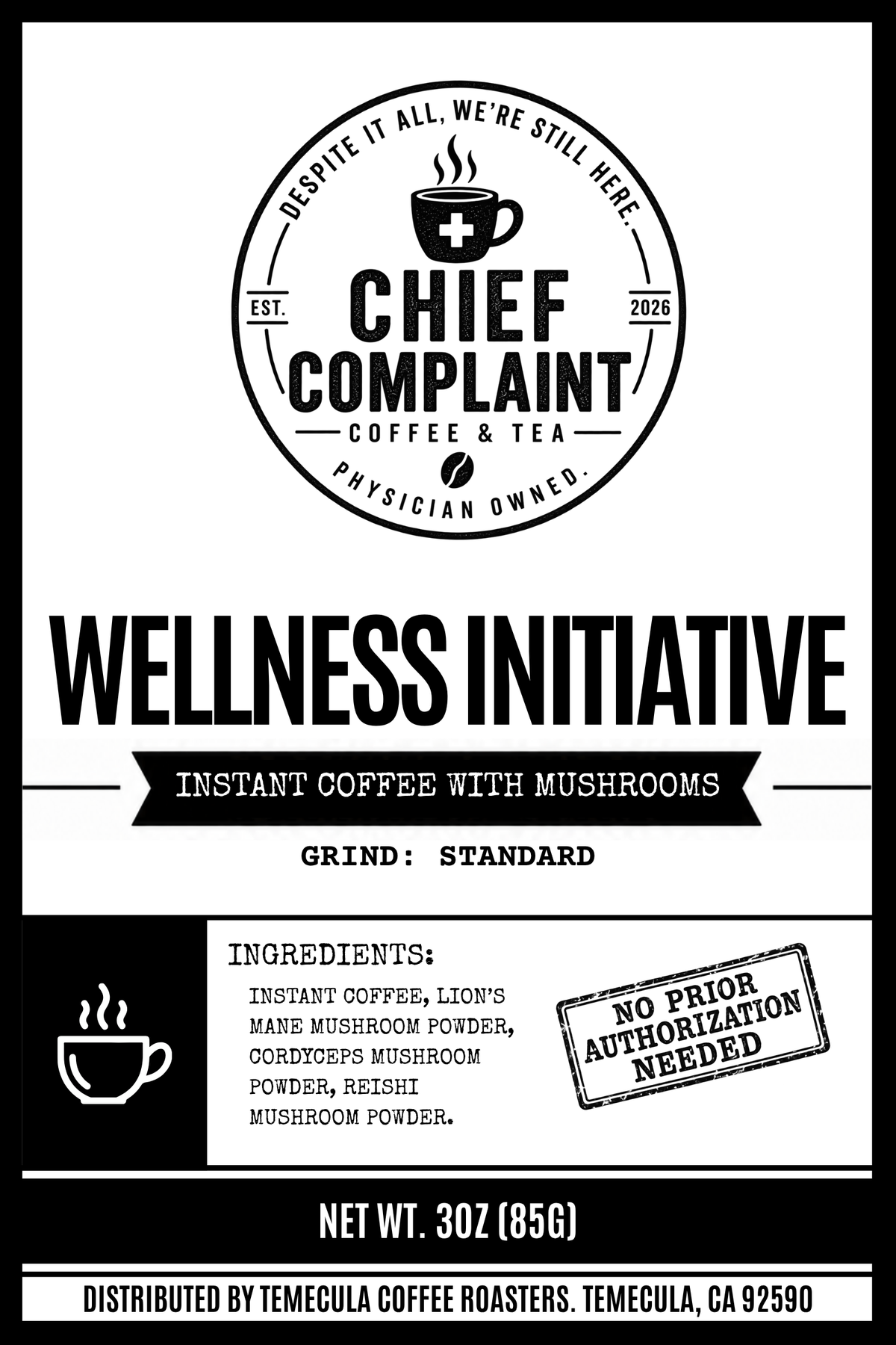 WELLNESS INITIATIVE, instant mushroom coffee with lion's mane and cordyceps, label artwork, physician owned
