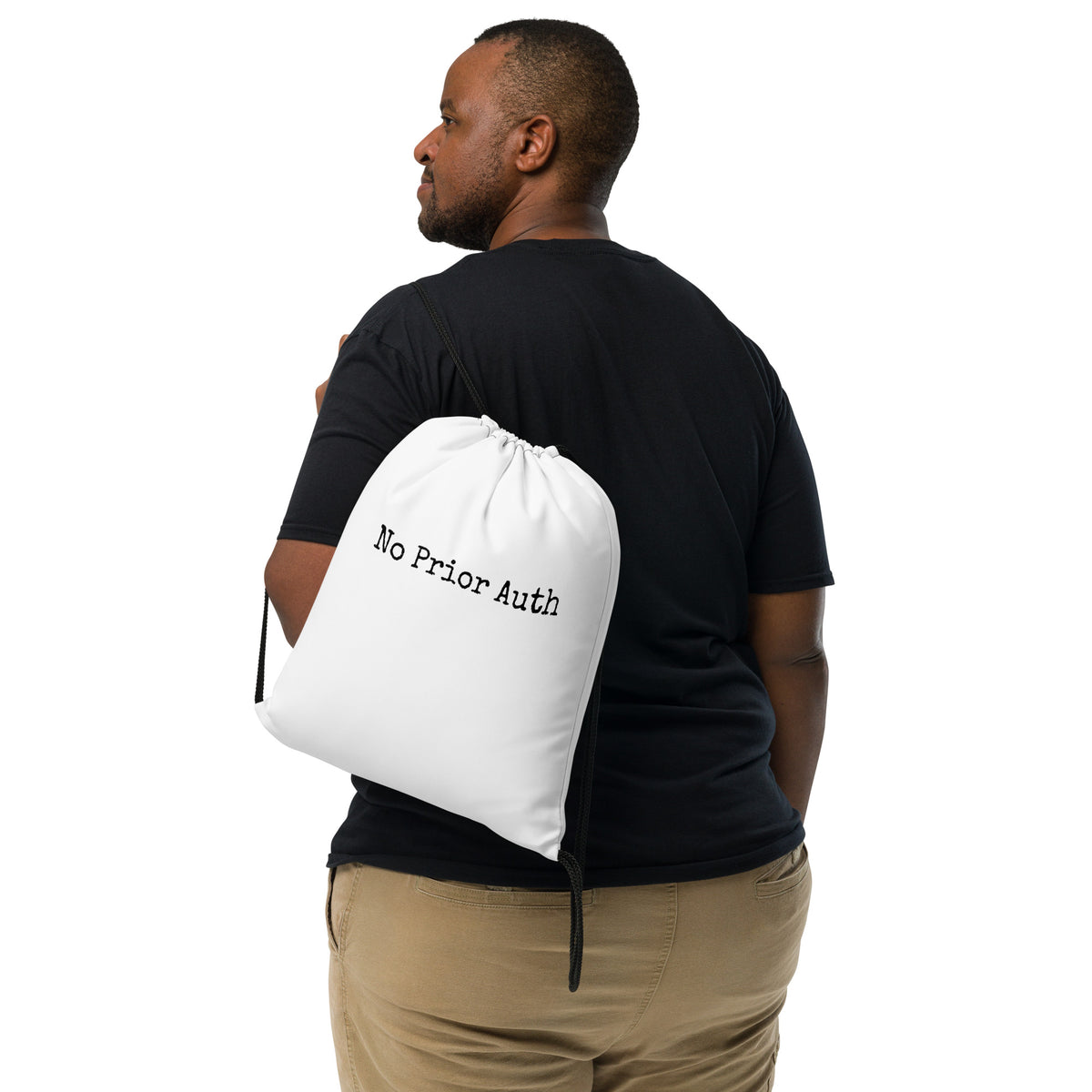 NO PRIOR AUTH Drawstring Bag, white drawstring backpack printed with No Prior Auth, front view, physician owned