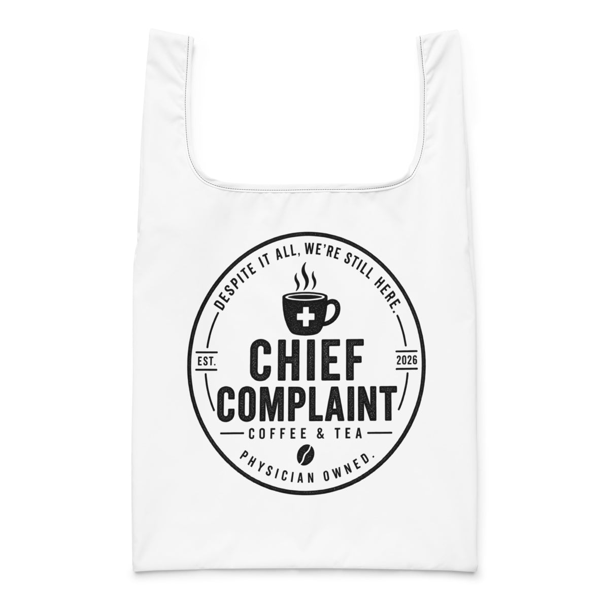 The Everything Bag, black all over print shopping tote, front view, physician owned