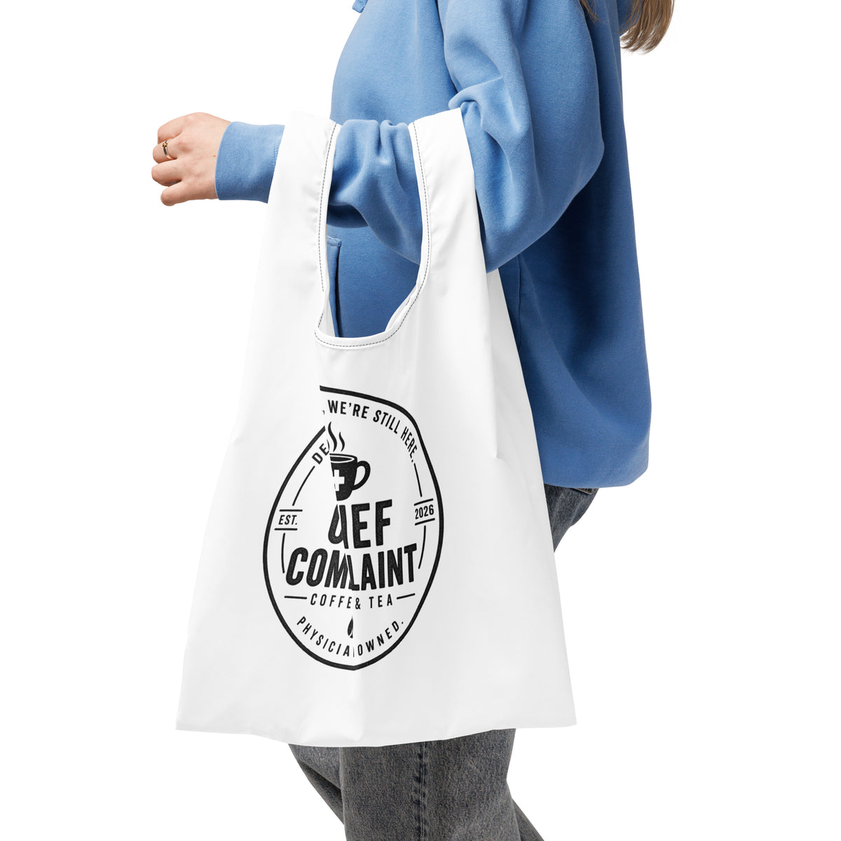 The Everything Bag, black all over print tote bag for healthcare workers, front view, physician owned