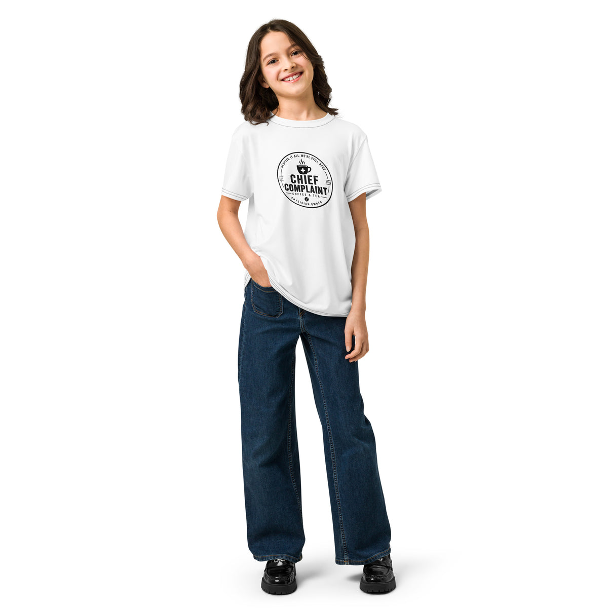 The Resident Youth Tee in white, all over print youth t-shirt for future doctors, front view, physician owned