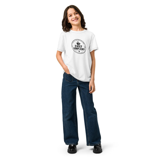 The Resident Youth Tee in white, all over print youth t-shirt for future doctors, front view, physician owned