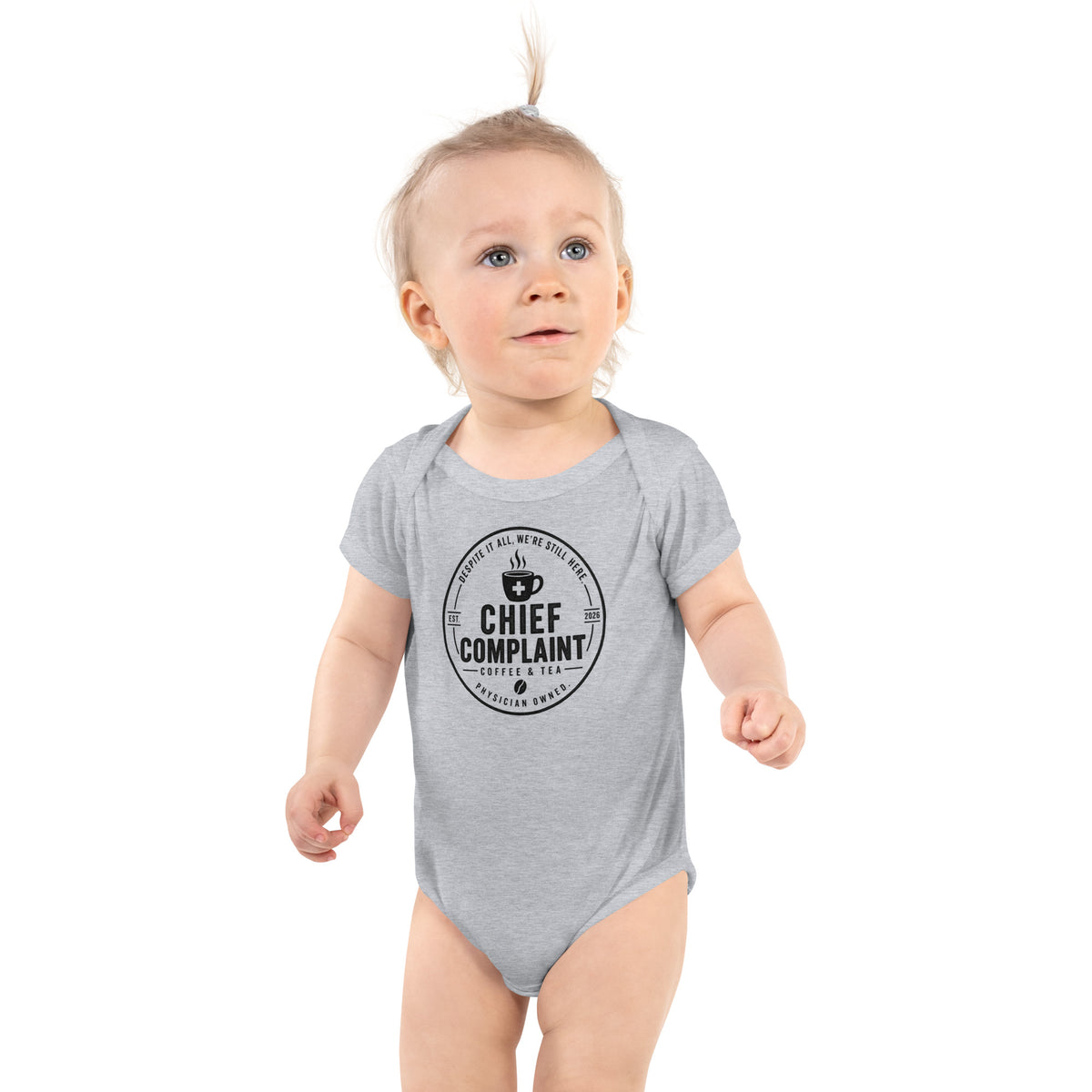 The Intern Bodysuit in heather grey, baby bodysuit for a doctor's family, front view, physician owned