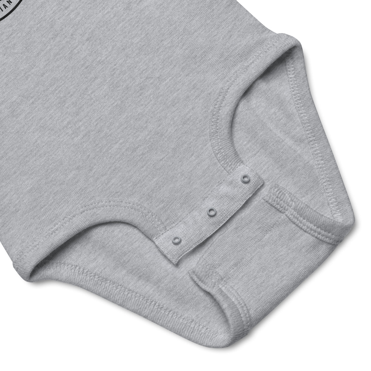 The Intern Bodysuit in heather grey, baby bodysuit snap detail, physician owned