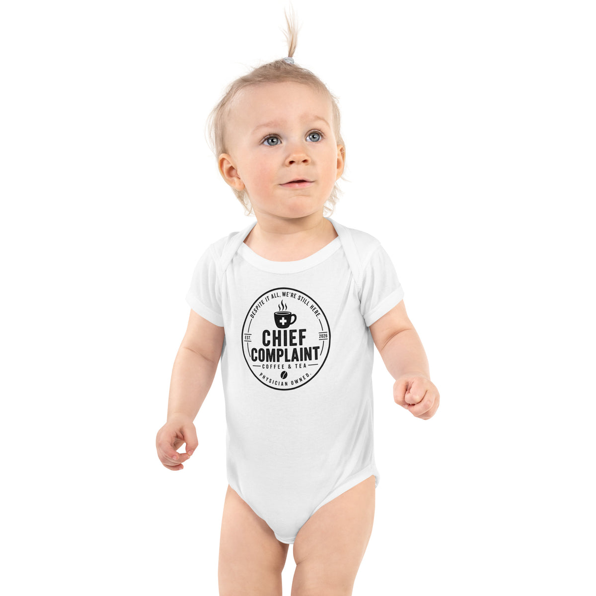 The Intern Bodysuit in white, baby bodysuit for a doctor's family, front view, physician owned