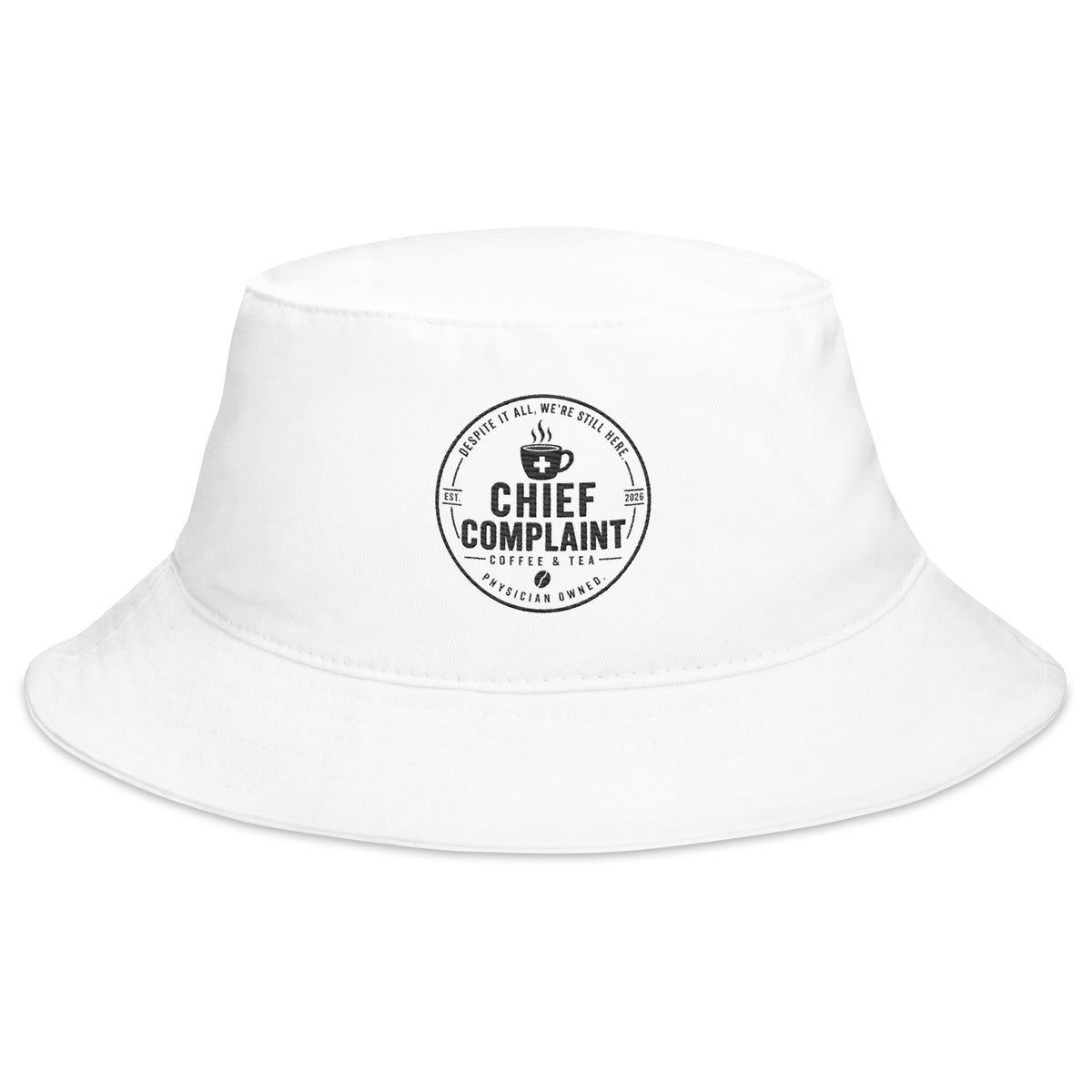 The Sun Protector Bucket Hat in white, sun bucket hat for healthcare workers, front view, physician owned