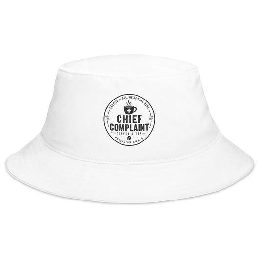 The Sun Protector Bucket Hat in white, sun bucket hat for healthcare workers, front view, physician owned