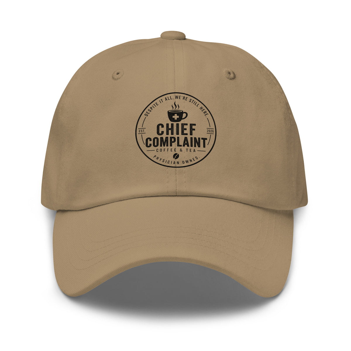 Hat of Autonomy in khaki, classic dad hat for independent physicians, front view, physician owned