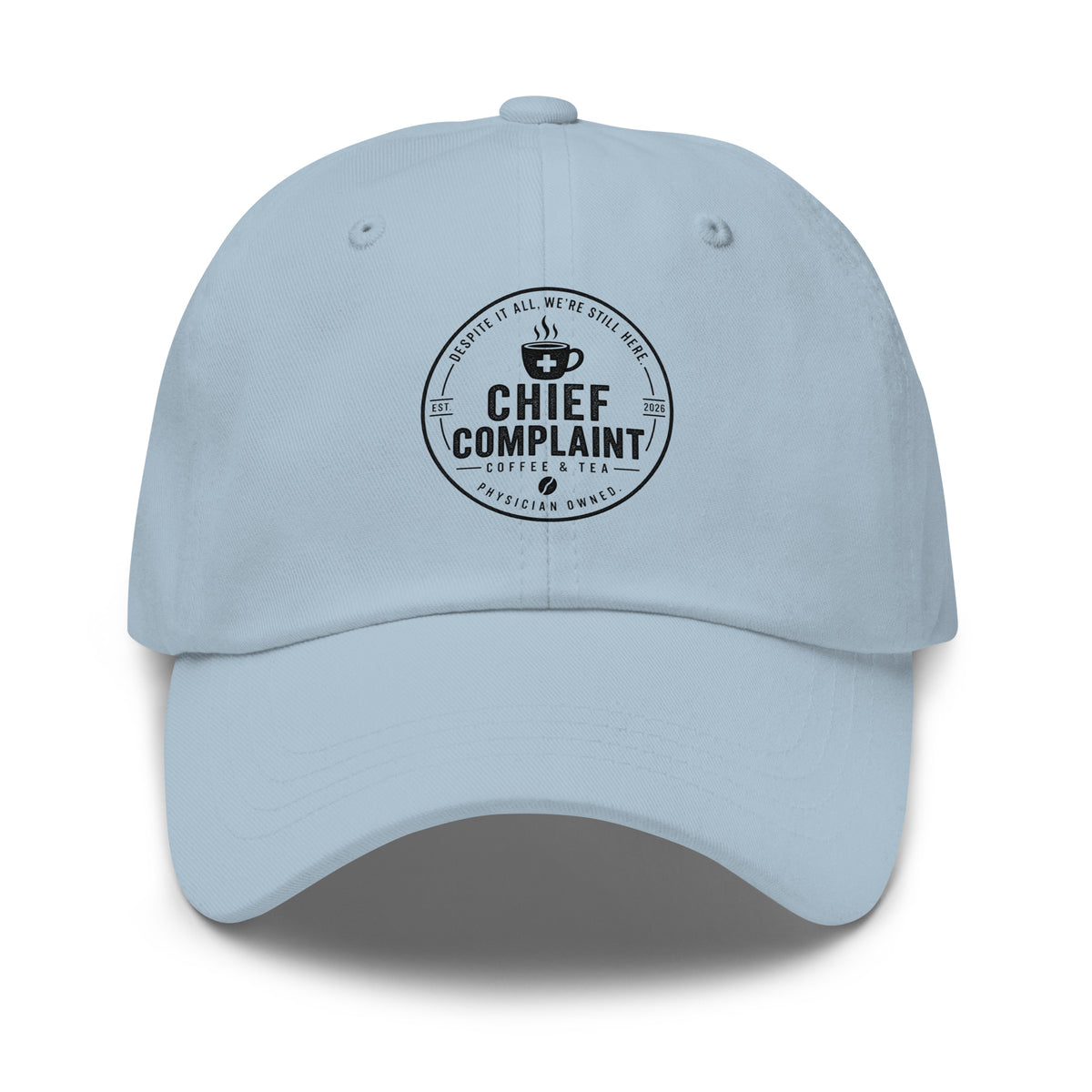 Hat of Autonomy in light blue, classic dad hat for independent physicians, front view, physician owned