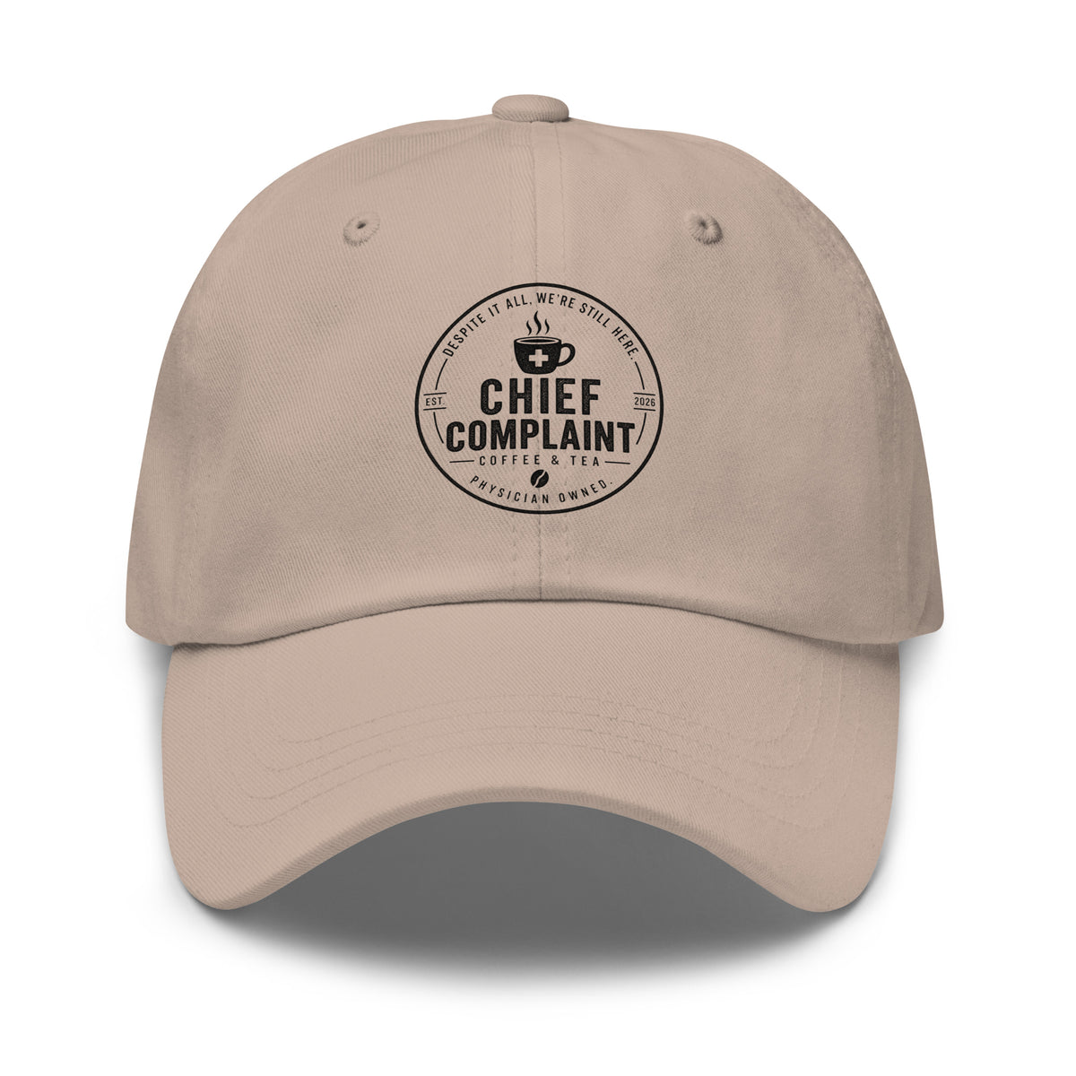 Hat of Autonomy in stone, classic dad hat for independent physicians, front view, physician owned