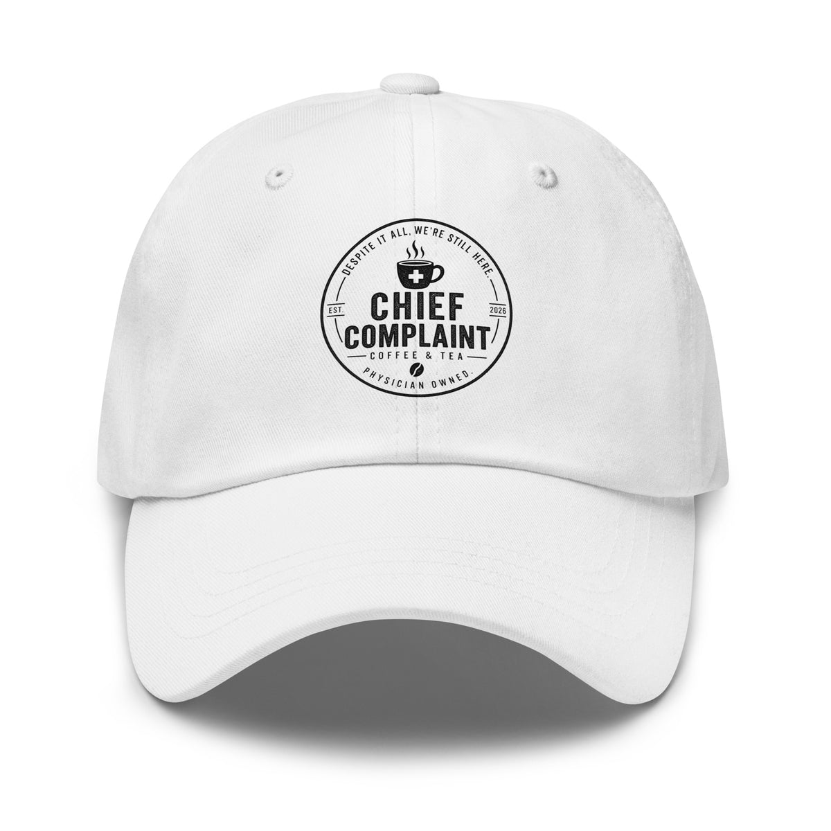 Hat of Autonomy in white, classic dad hat for independent physicians, front view, physician owned