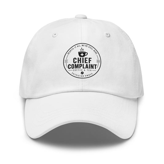Hat of Autonomy in white, classic dad hat for independent physicians, front view, physician owned
