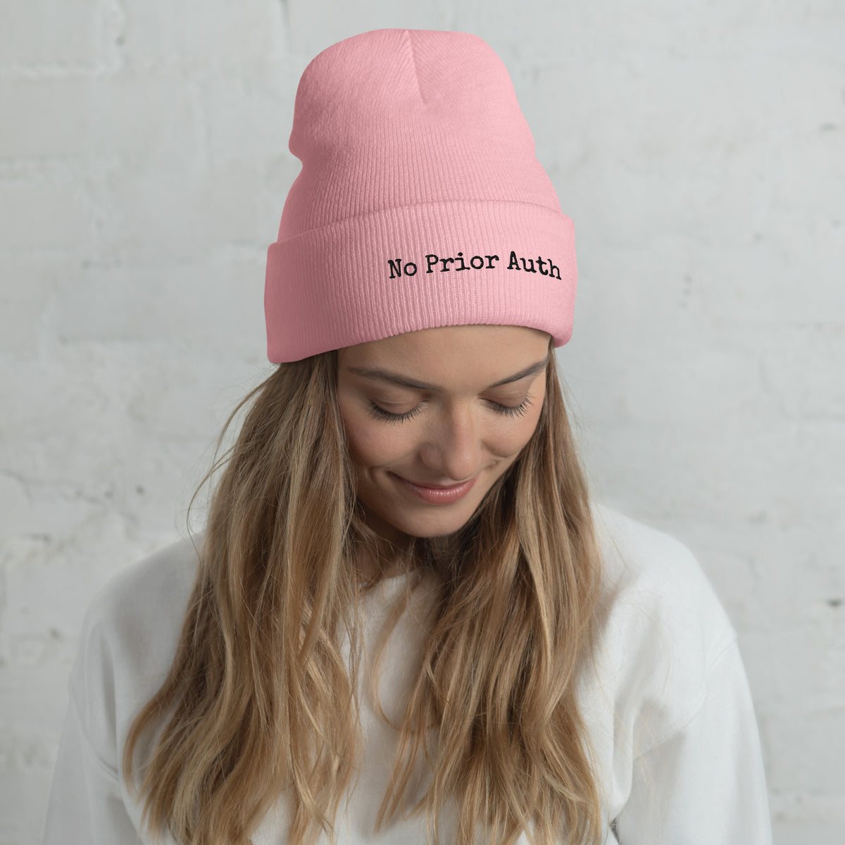 The Call Room Beanie in baby pink, cuffed knit beanie for night shifts, front view, physician owned