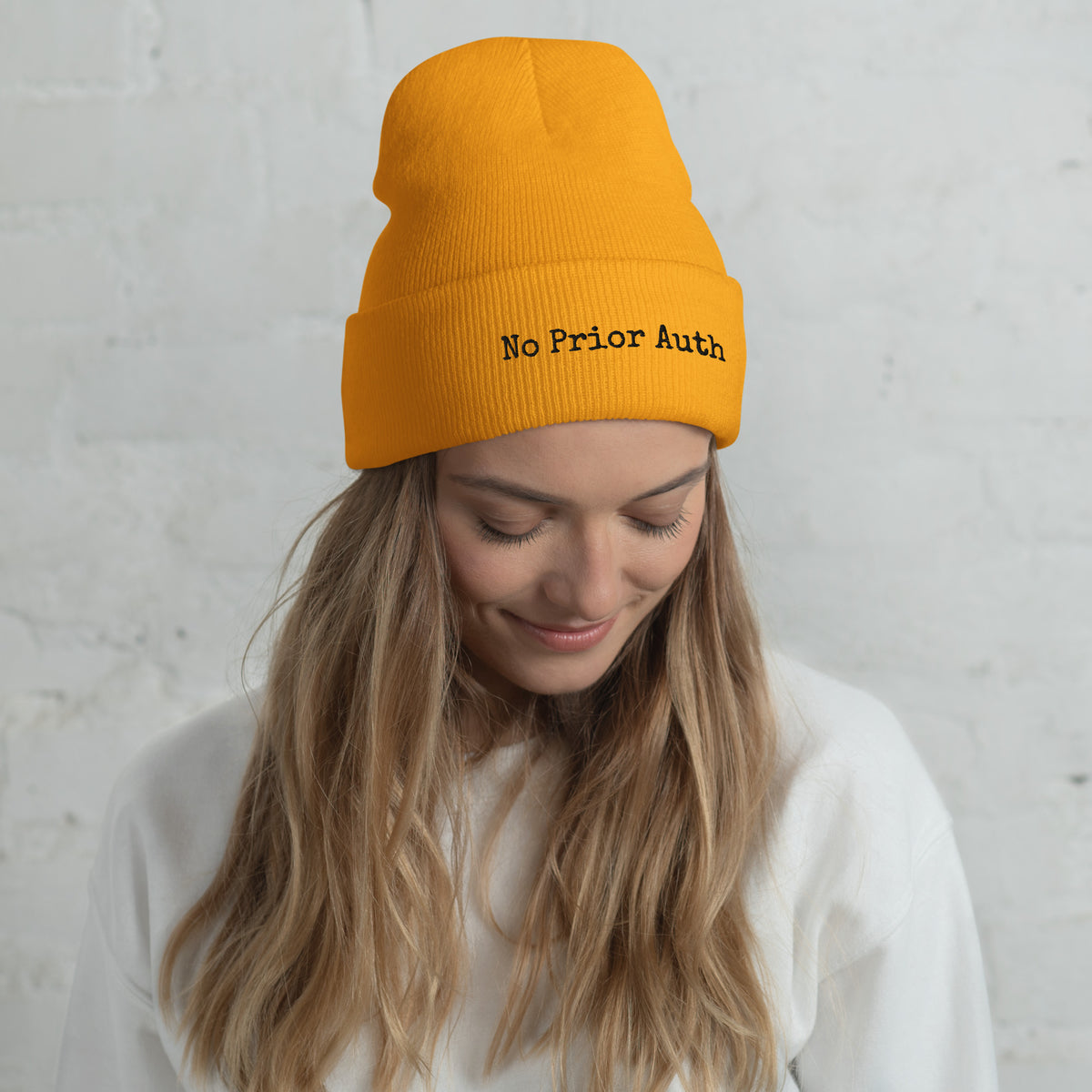The Call Room Beanie in gold, cuffed knit beanie for night shifts, front view, physician owned