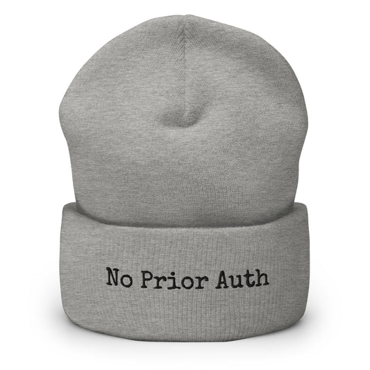The Call Room Beanie in heather grey, cuffed beanie for night shift healthcare workers, front view, physician owned
