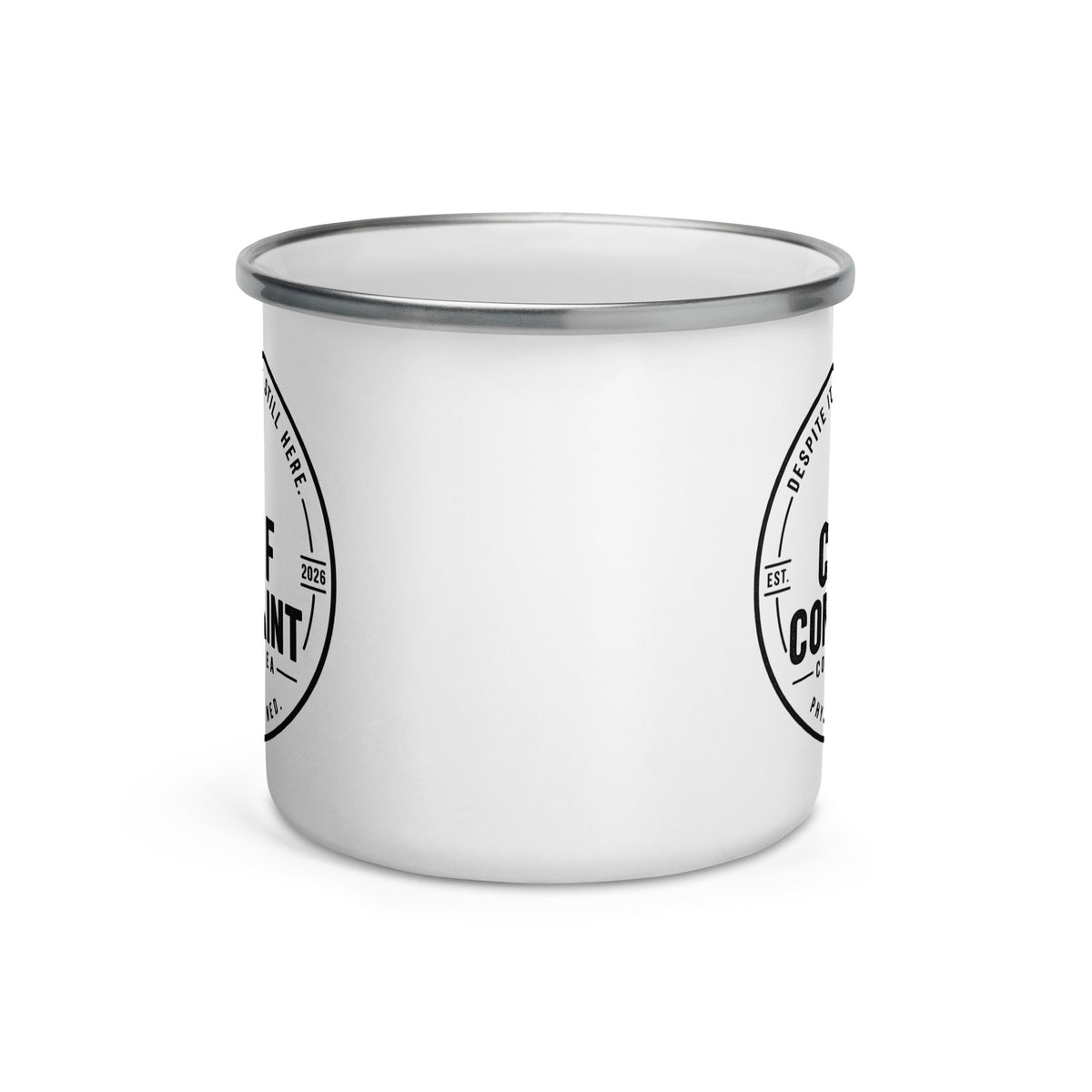 The House Call Enamel Mug, white 12 oz camping enamel mug, front view, physician owned