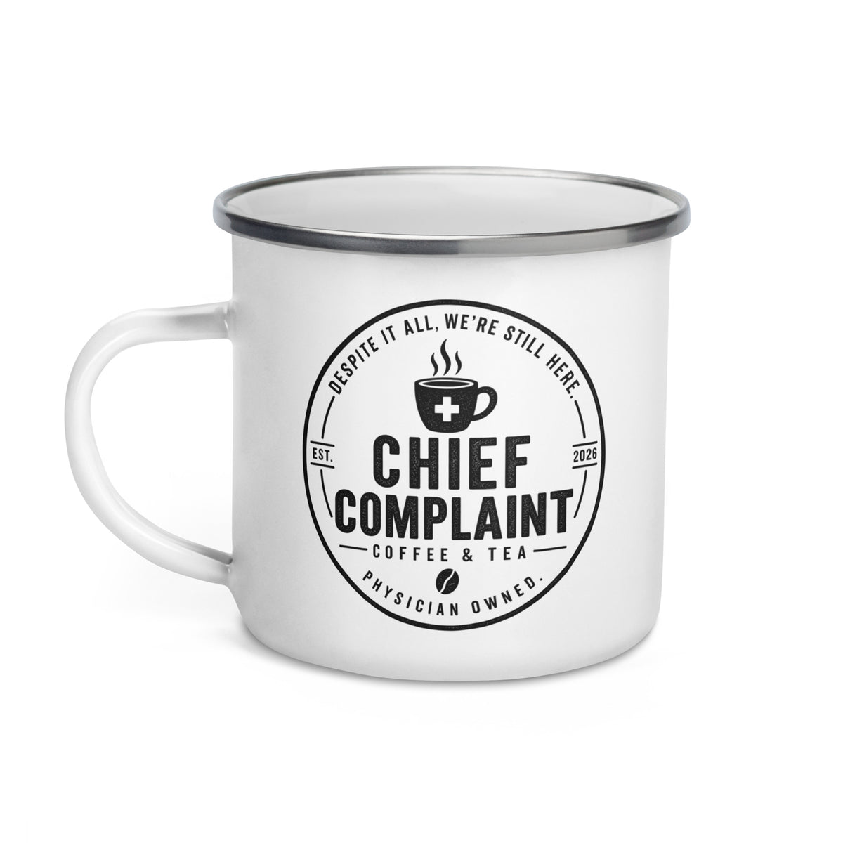 The House Call Enamel Mug, white 12 oz camping enamel mug, left side, physician owned